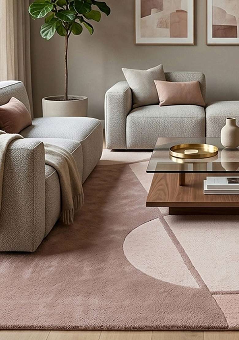 100% Wool Handmade Dusty Rose Rug | Mid Century Modern Geometric Carpet With Cotton Backing For Living Room - Indya