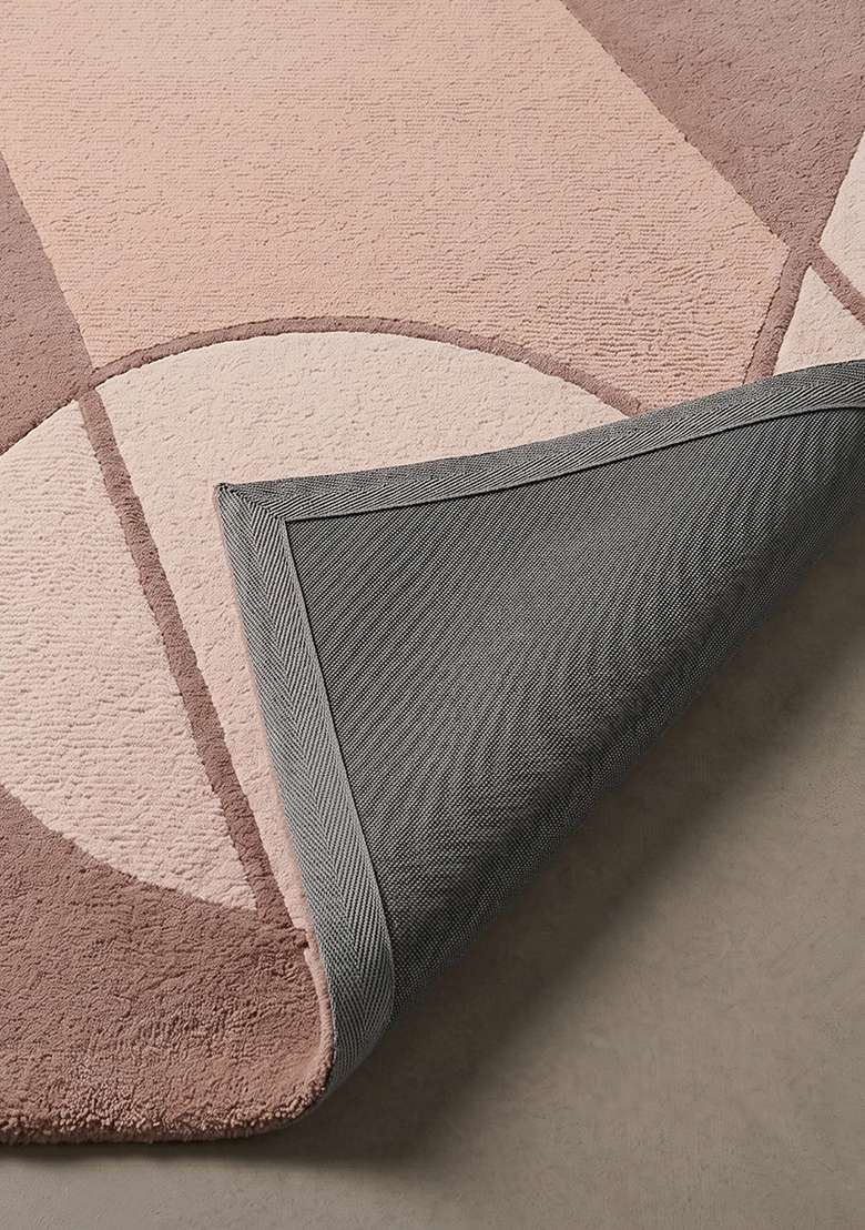100% Wool Handmade Dusty Rose Rug | Mid Century Modern Geometric Carpet With Cotton Backing For Living Room - Indya