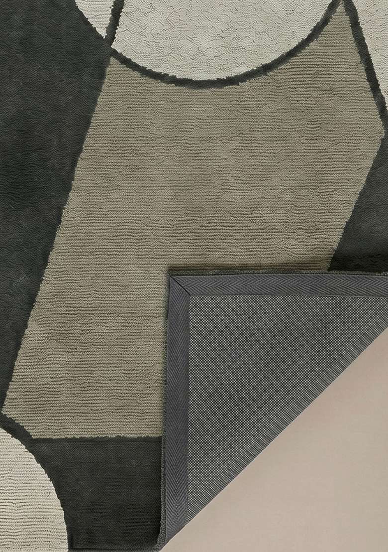 100% Wool Handmade Forest Green Rug | Mid Century Modern Geometric Carpet With Cotton Backing For Living Room - Indya