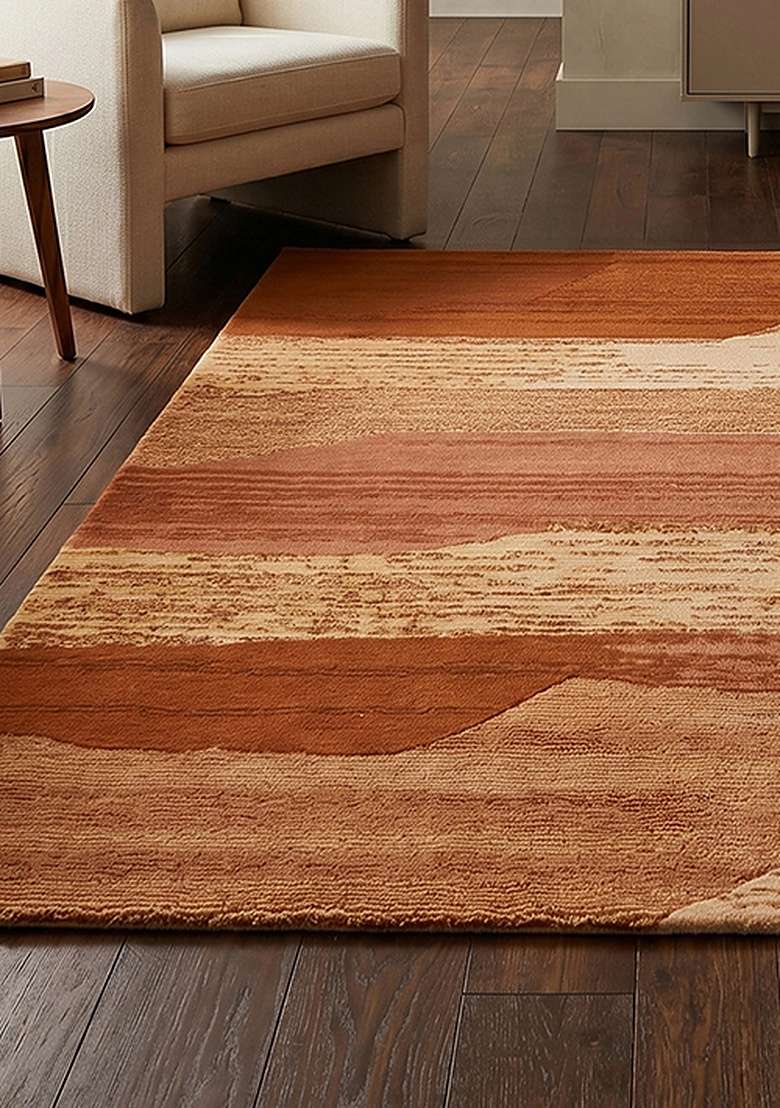 Saffron Rugs Hand-Tufted 100% Wool Area Rug | Rust Orange Rectangular Rug | Cotton Backing | Eclectic Striped Home Decor Carpet for Living Room Bedroom - Indya