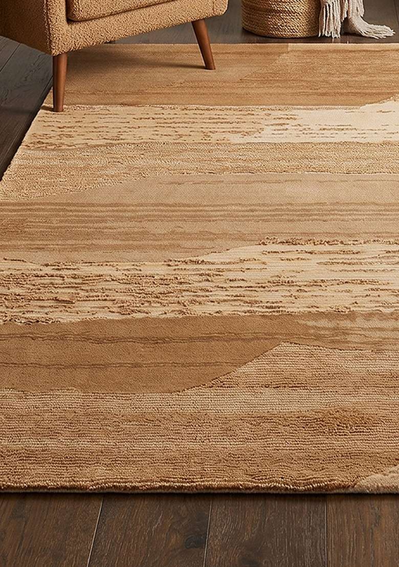 Saffron Rugs Hand-Tufted 100% Wool Area Rug | Camel Tan Rectangular Rug | Cotton Backing | Eclectic Striped Home Decor Carpet for Living Room Bedroom - Indya