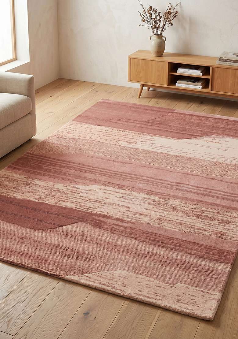 Saffron Rugs Hand-Tufted 100% Wool Area Rug | Dusty Rose Rectangular Rug | Cotton Backing | Eclectic Striped Home Decor Carpet for Living Room Bedroom - Indya