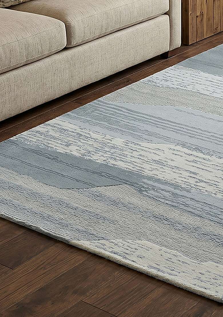Saffron Rugs Hand-Tufted 100% Wool Area Rug | Ice Blue Rectangular Rug | Cotton Backing | Eclectic Striped Home Decor Carpet for Living Room Bedroom - Indya