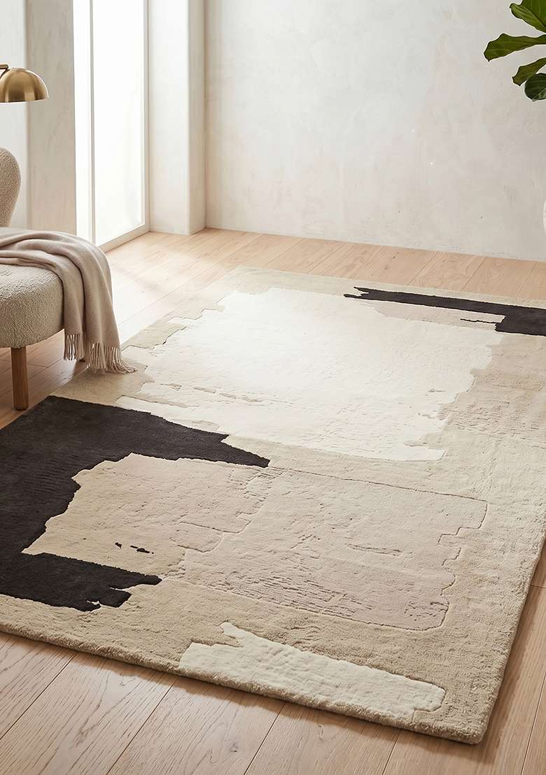 Saffron Rugs Hand-Tufted 100% Wool Area Rug | Ivory Beige Rectangular Rug | Cotton Backing | Contemporary Geometric Home Decor Carpet for Living Room Bedroom - Indya