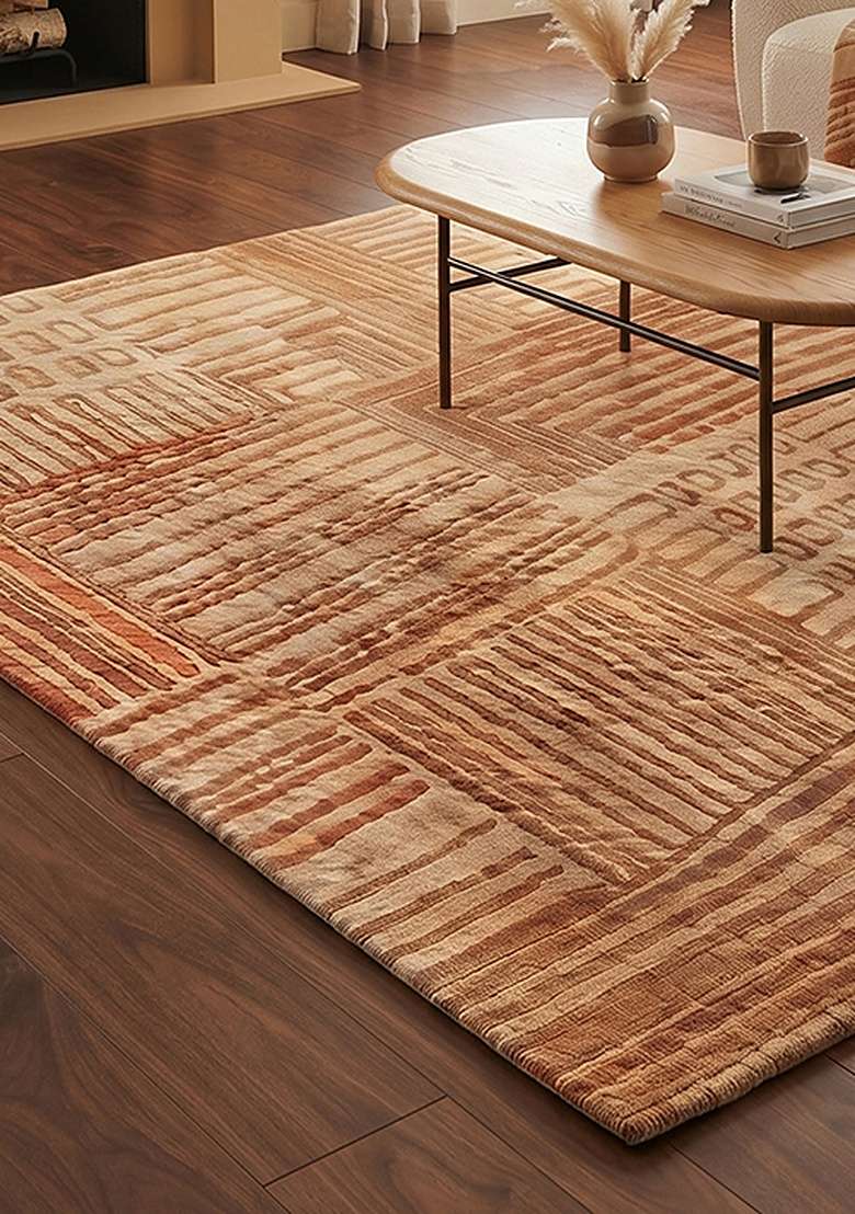 Saffron Rugs Hand-Tufted 100% Wool Area Rug | Camel Tan Square Rug | Cotton Backing | Contemporary Geometric Home Decor Carpet for Living Room Bedroom - Indya