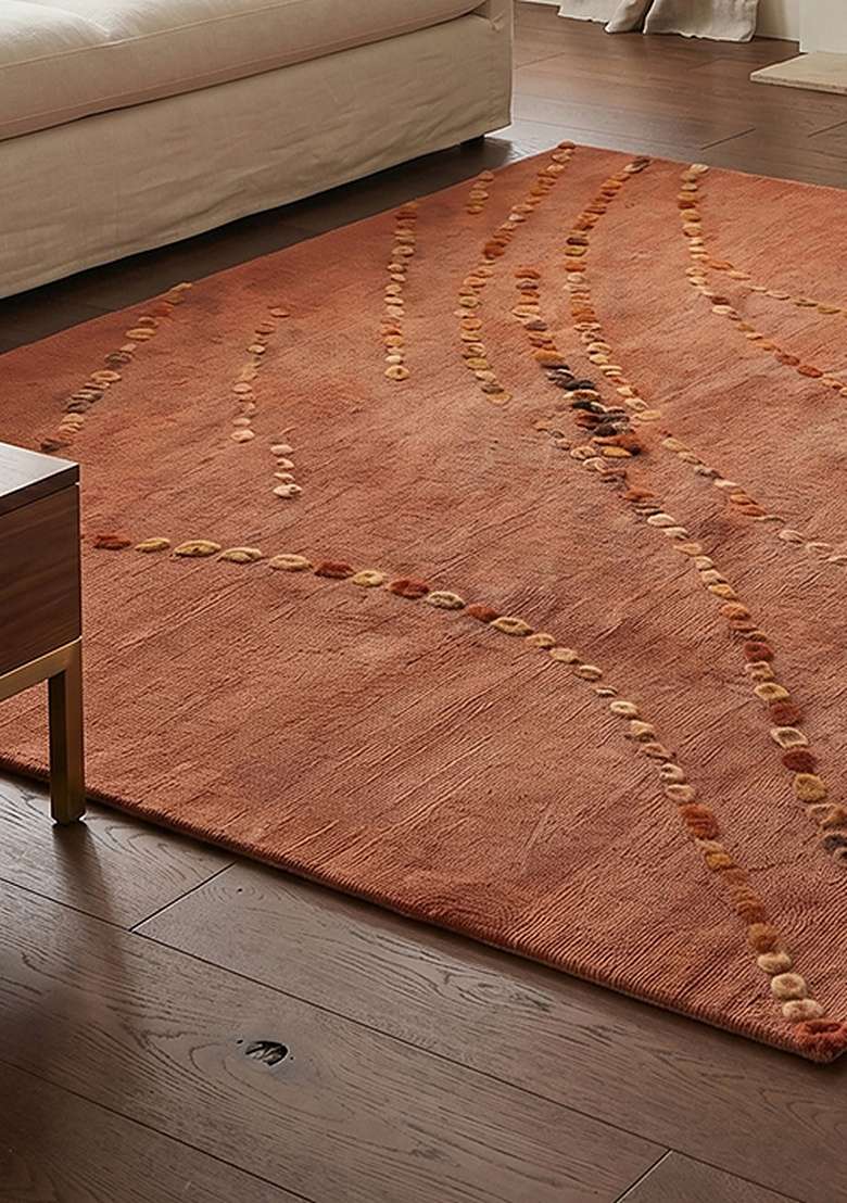 100% Wool Handmade Rust Orange Rug | Contemporary Swirls Square Carpet With Cotton Backing For Living Room - Indya