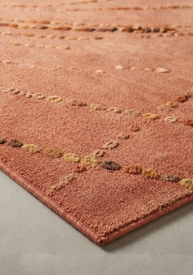 100% Wool Handmade Rust Orange Rug | Contemporary Swirls Square Carpet With Cotton Backing For Living Room - Indya