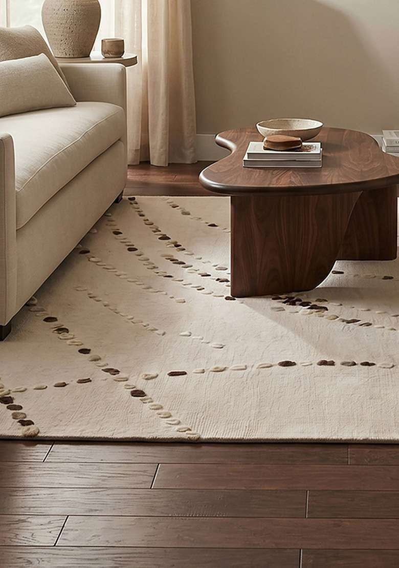 100% Wool Handmade Ivory Rug | Contemporary Swirls Square Carpet With Cotton Backing For Living Room - Indya