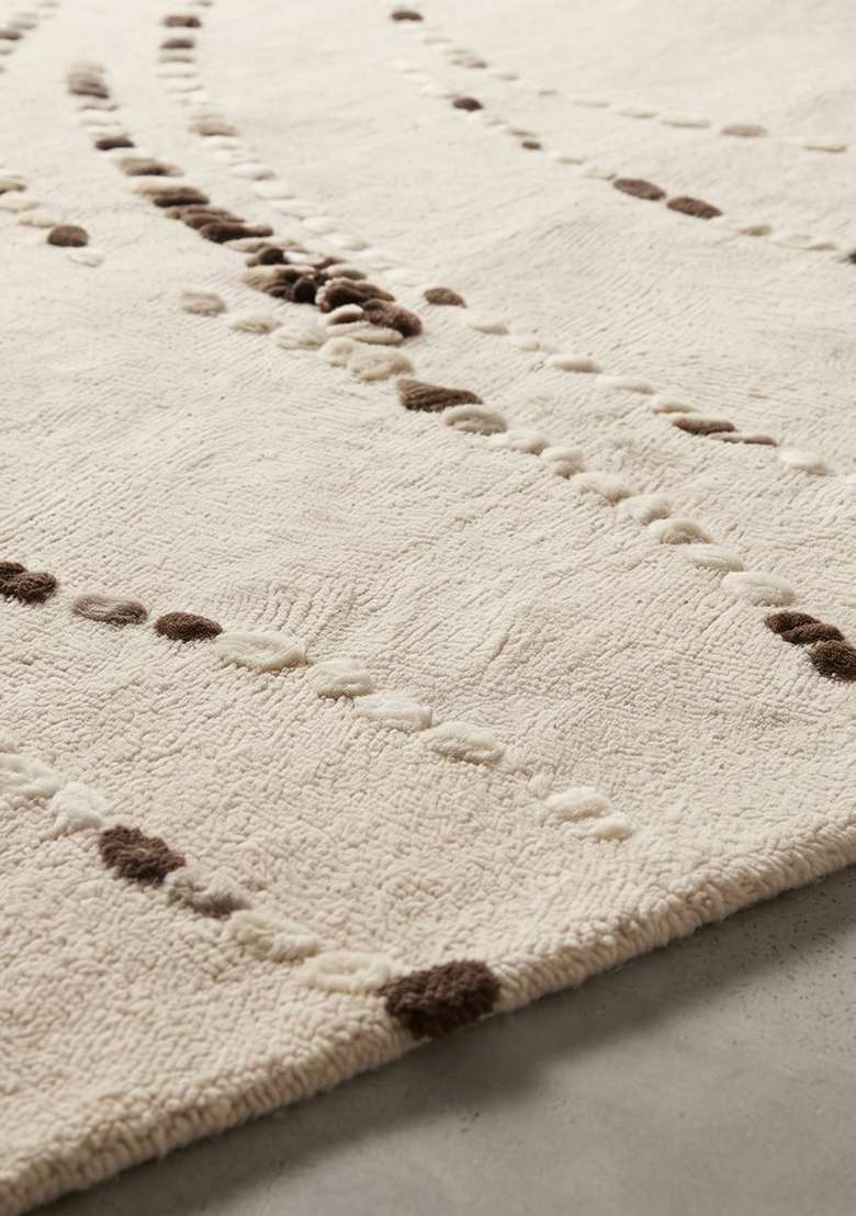 100% Wool Handmade Ivory Rug | Contemporary Swirls Square Carpet With Cotton Backing For Living Room - Indya