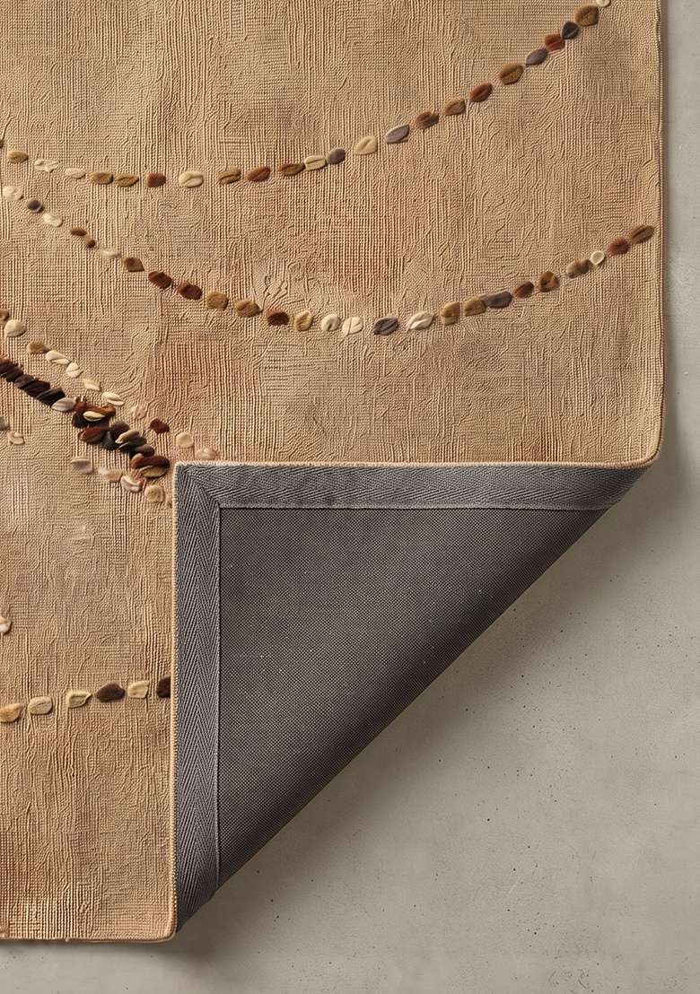 100% Wool Handmade Camel Tan Rug | Contemporary Swirls Square Carpet With Cotton Backing For Living Room - Indya