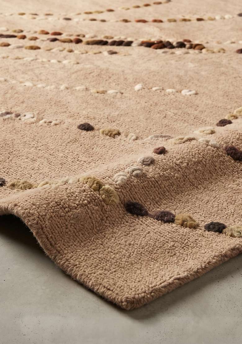 100% Wool Handmade Camel Tan Rug | Contemporary Swirls Square Carpet With Cotton Backing For Living Room - Indya