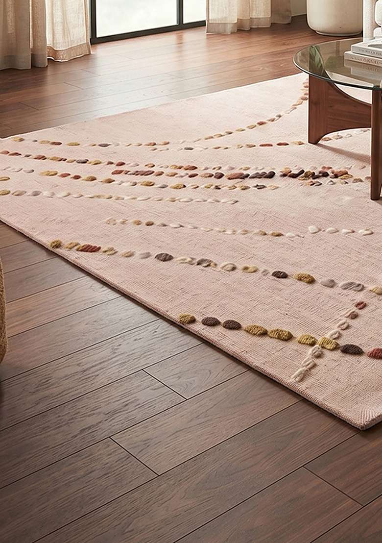 100% Wool Handmade Blush Pink Rug | Contemporary Swirls Square Carpet With Cotton Backing For Living Room - Indya
