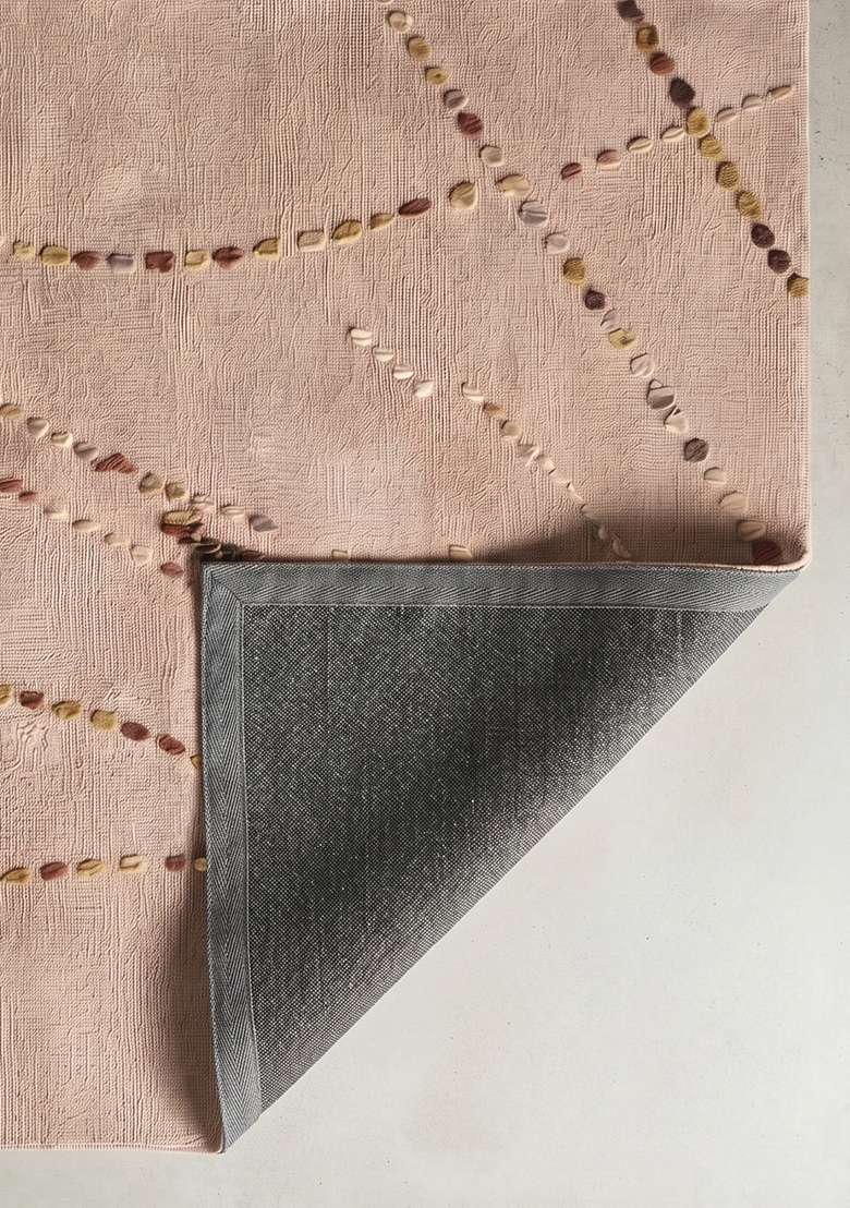 100% Wool Handmade Blush Pink Rug | Contemporary Swirls Square Carpet With Cotton Backing For Living Room - Indya