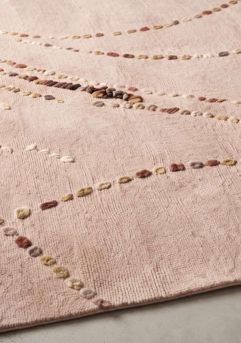 100% Wool Handmade Blush Pink Rug | Contemporary Swirls Square Carpet With Cotton Backing For Living Room - Indya