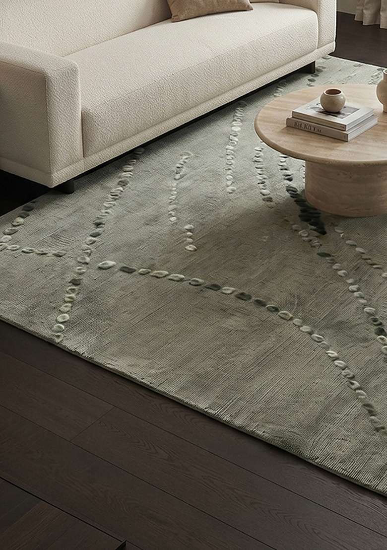 100% Wool Handmade Sage Green Rug | Contemporary Swirls Square Carpet With Cotton Backing For Living Room - Indya