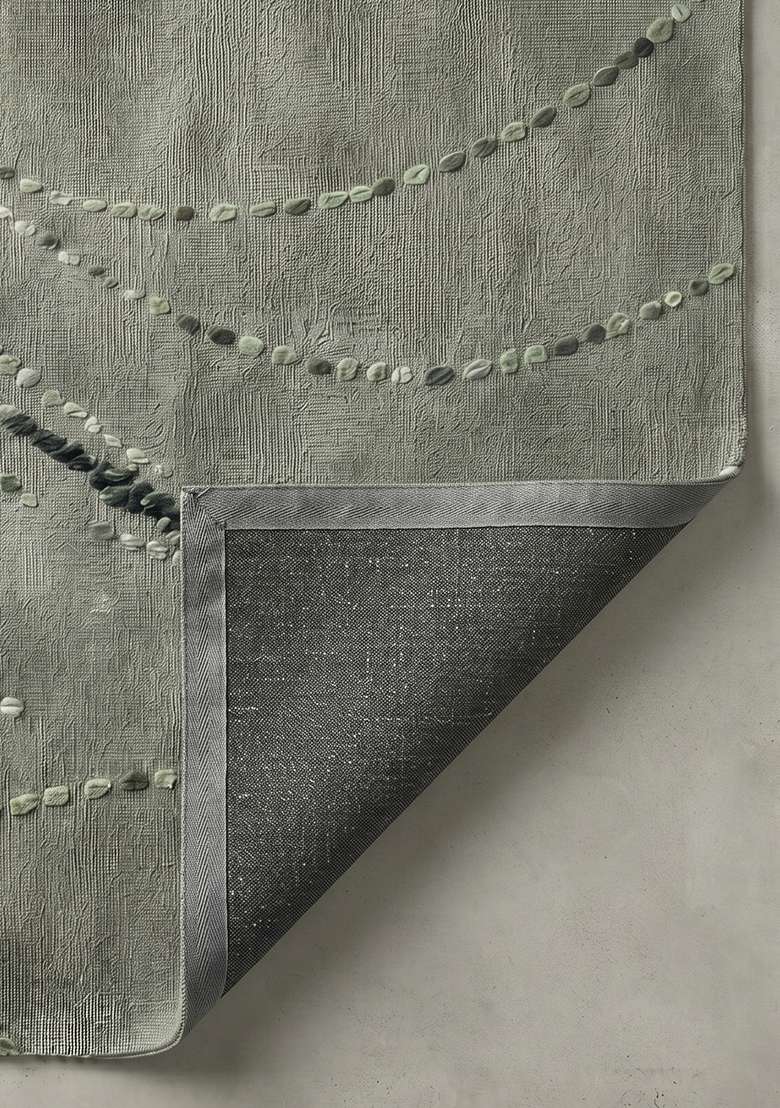 100% Wool Handmade Sage Green Rug | Contemporary Swirls Square Carpet With Cotton Backing For Living Room - Indya