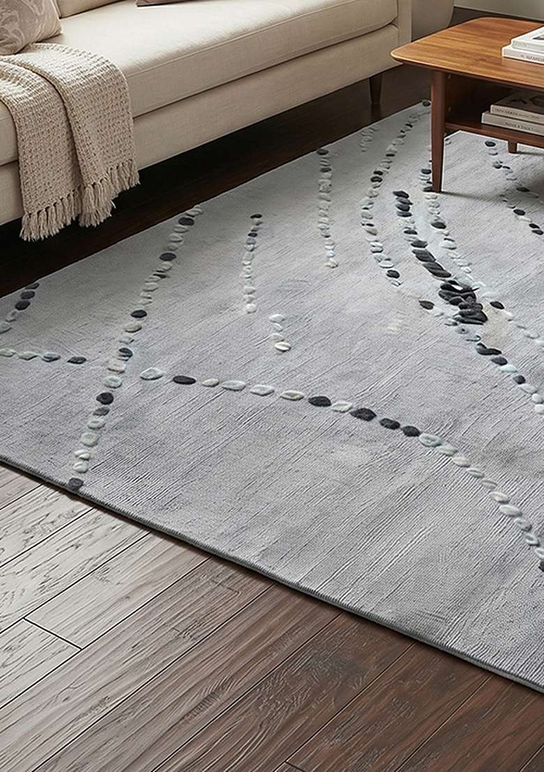 100% Wool Handmade Slate Blue Rug | Contemporary Swirls Square Carpet With Cotton Backing For Living Room - Indya