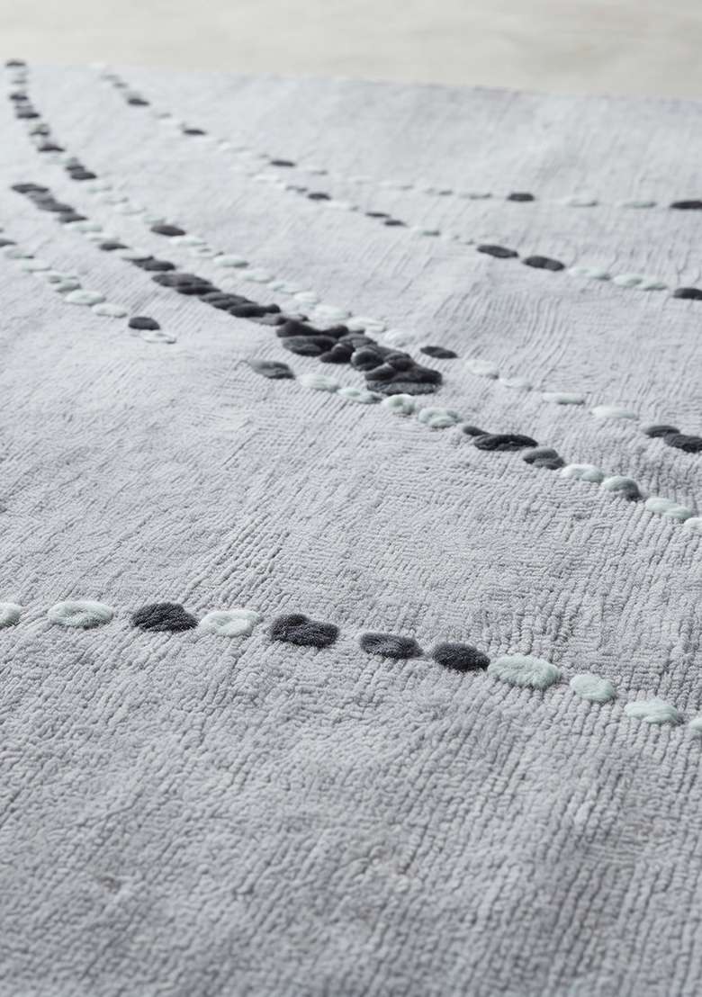 100% Wool Handmade Slate Blue Rug | Contemporary Swirls Square Carpet With Cotton Backing For Living Room - Indya