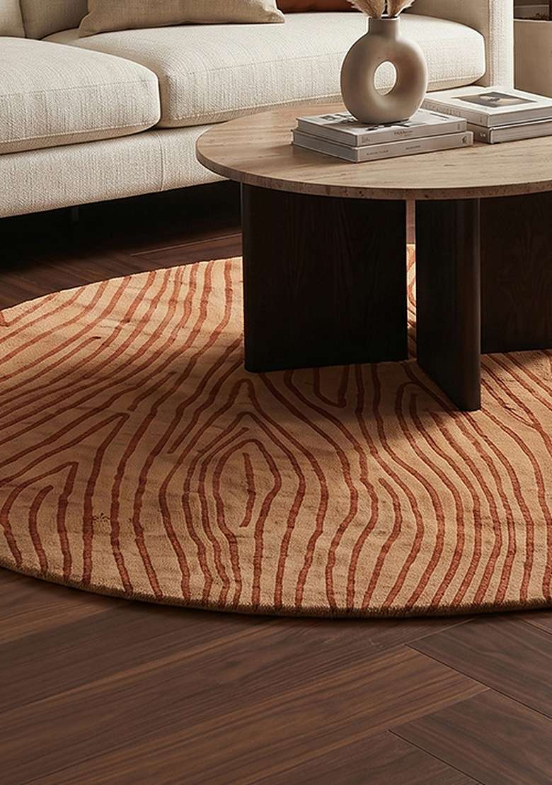 100% Wool Handmade Rust Orange Rug | Contemporary Swirls Oval Carpet With Cotton Backing For Living Room - Indya