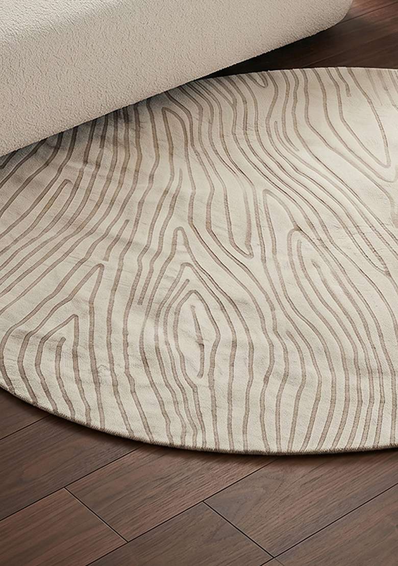100% Wool Handmade Ivory Rug | Contemporary Swirls Oval Carpet With Cotton Backing For Living Room - Indya