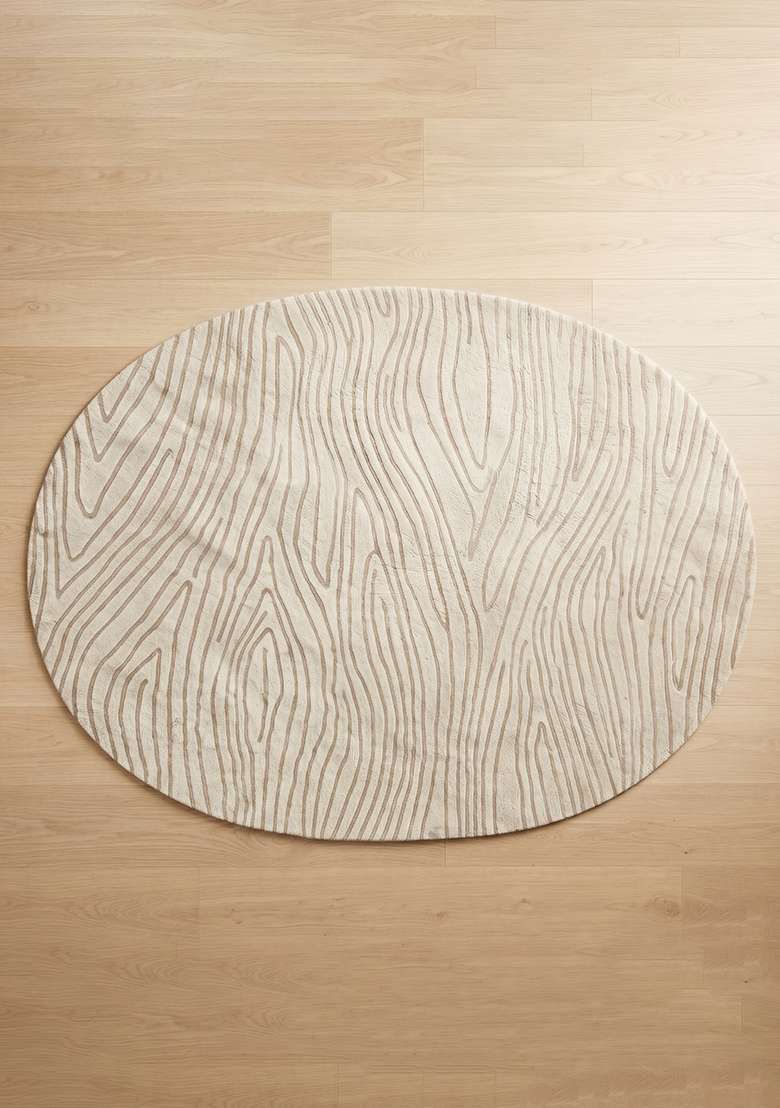 100% Wool Handmade Ivory Rug | Contemporary Swirls Oval Carpet With Cotton Backing For Living Room - Indya