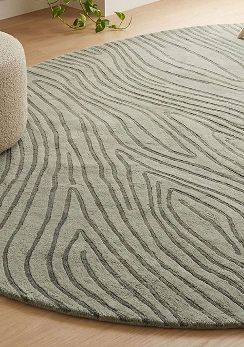 100% Wool Handmade Sage Green Rug | Contemporary Swirls Oval Carpet With Cotton Backing For Living Room - Indya