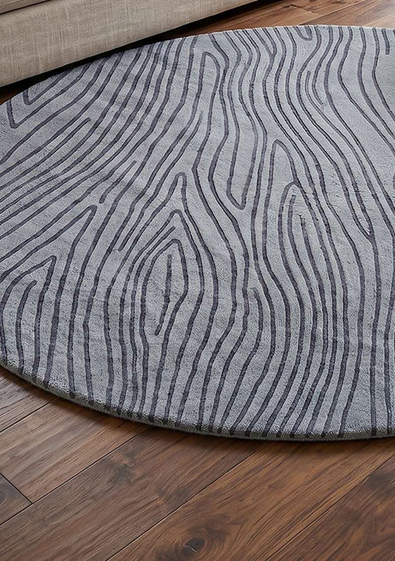 100% Wool Handmade Slate Blue Rug | Contemporary Swirls Oval Carpet With Cotton Backing For Living Room - Indya