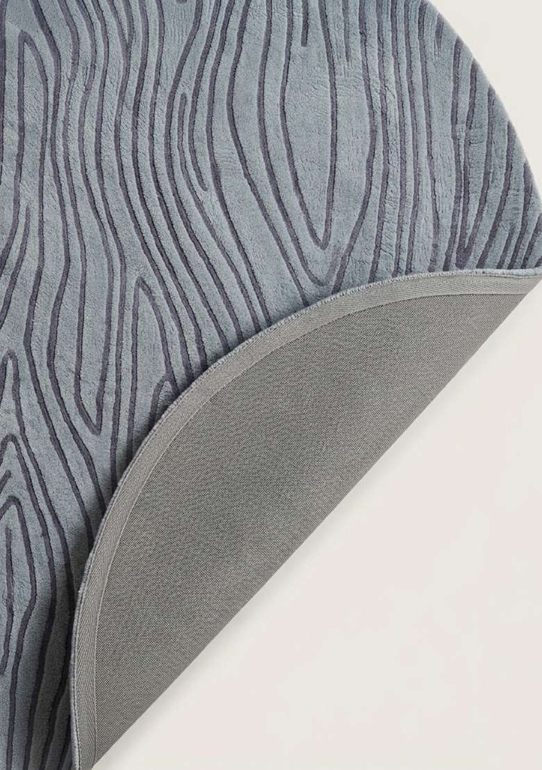 100% Wool Handmade Slate Blue Rug | Contemporary Swirls Oval Carpet With Cotton Backing For Living Room - Indya