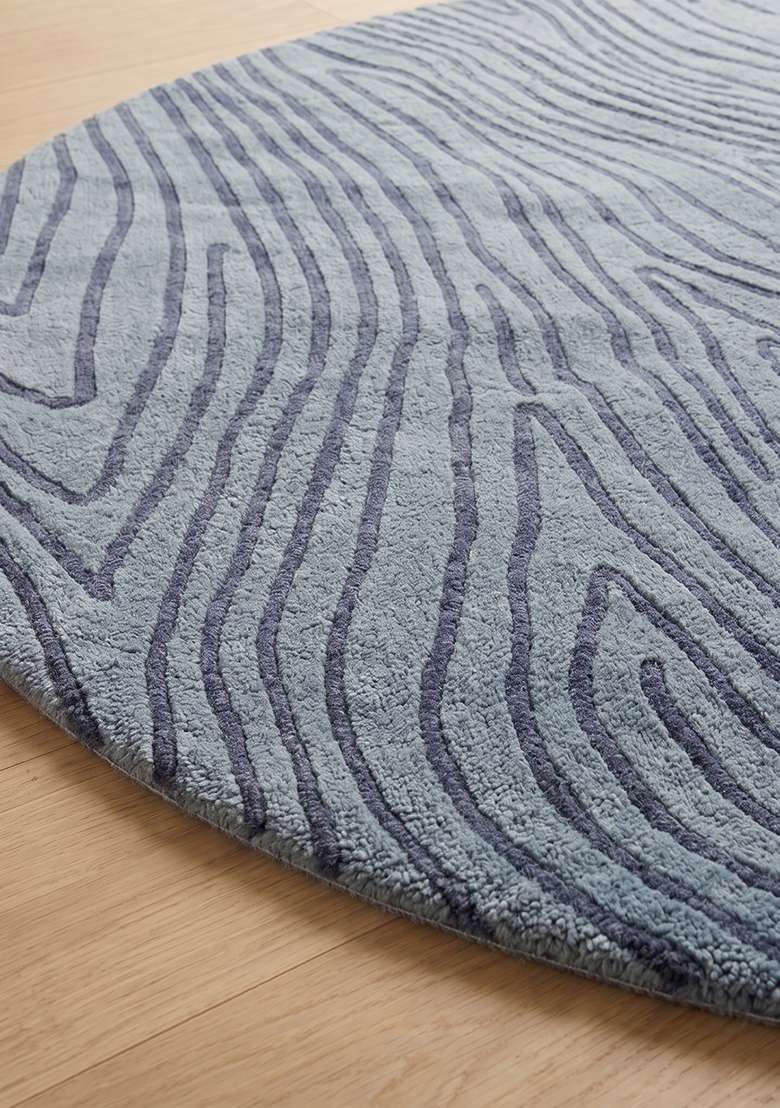 100% Wool Handmade Slate Blue Rug | Contemporary Swirls Oval Carpet With Cotton Backing For Living Room - Indya