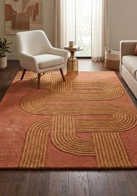 Saffron Rugs Hand-Tufted 100% Wool Area Rug | Rust Orange Rectangular Rug | Cotton Backing | Mid-Century Modern Swirls Home Decor Carpet for Living Room Bedroom