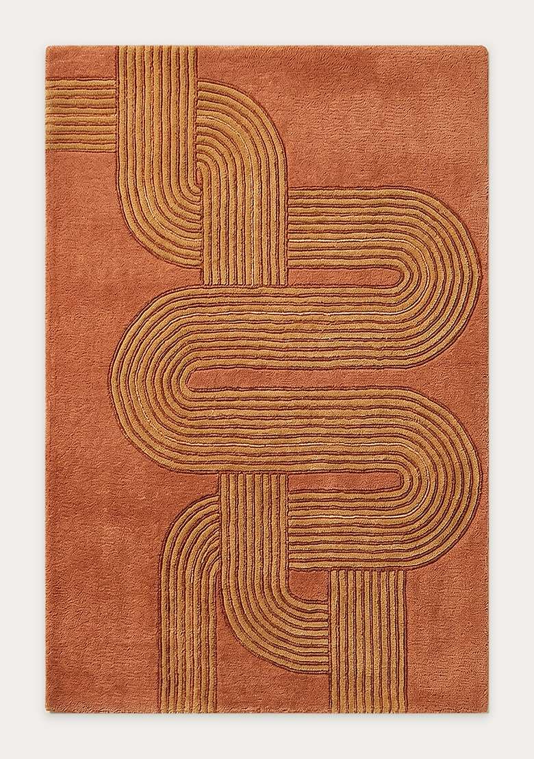 100% Wool Handmade Rust Orange Rug | Mid Century Modern Swirls Carpet With Cotton Backing For Living Room - Indya