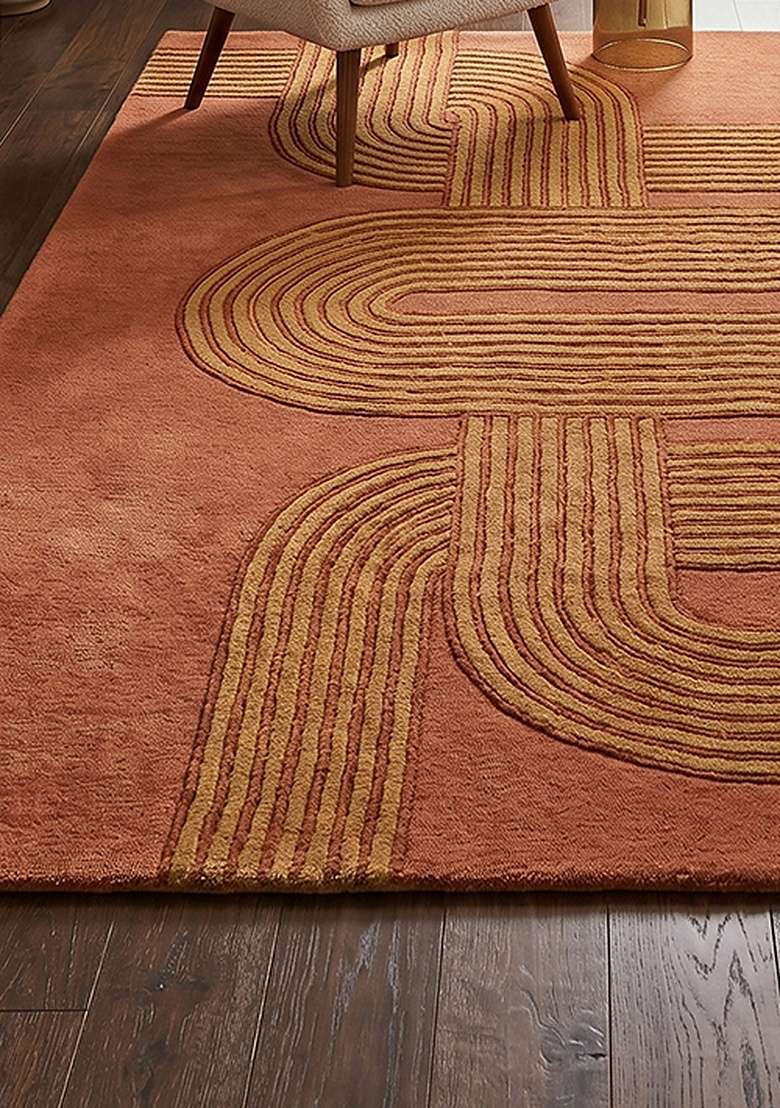 100% Wool Handmade Rust Orange Rug | Mid Century Modern Swirls Carpet With Cotton Backing For Living Room - Indya