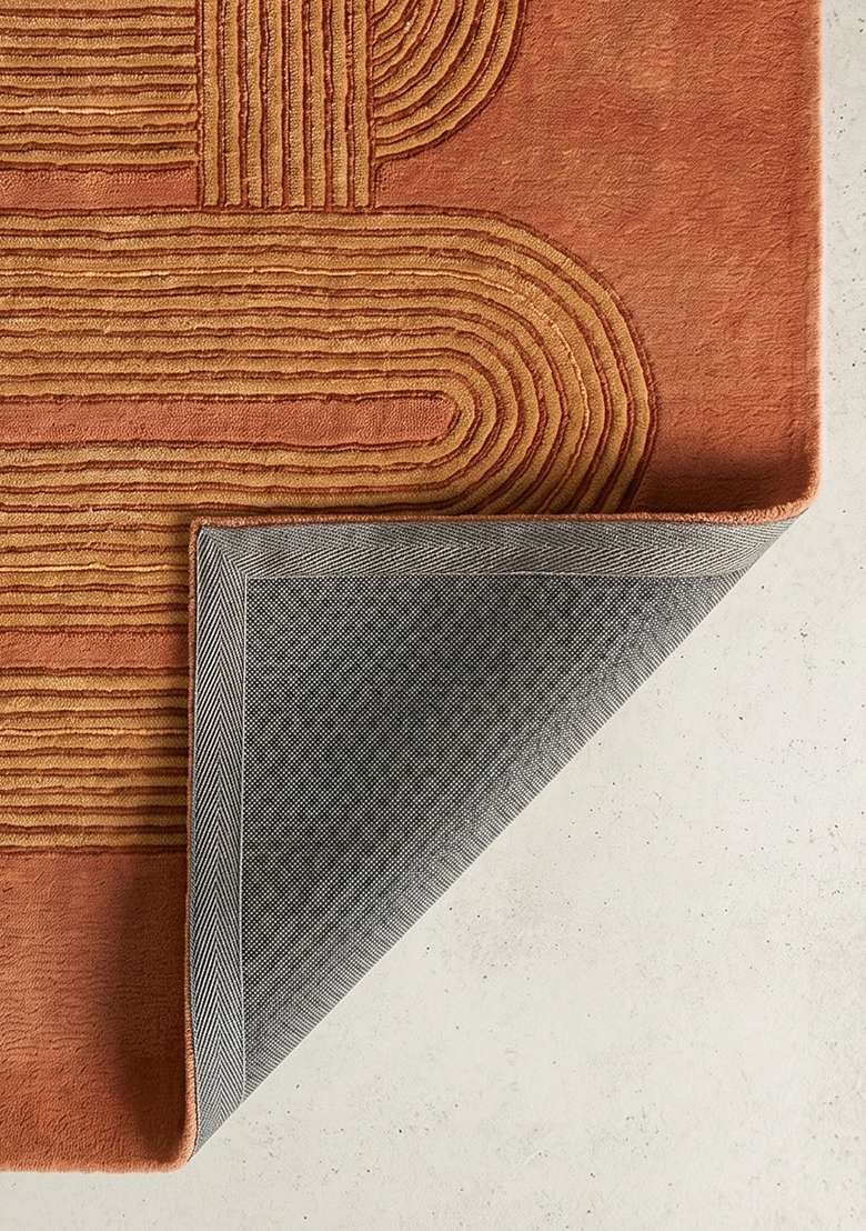 100% Wool Handmade Rust Orange Rug | Mid Century Modern Swirls Carpet With Cotton Backing For Living Room - Indya