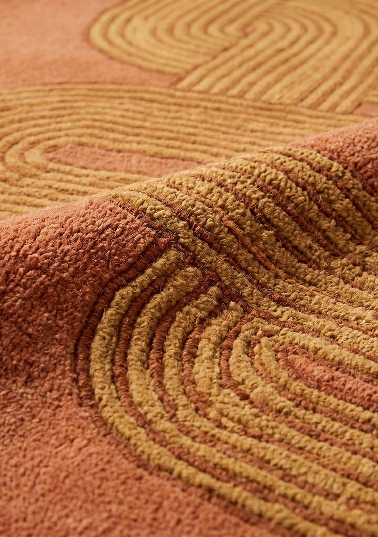 100% Wool Handmade Rust Orange Rug | Mid Century Modern Swirls Carpet With Cotton Backing For Living Room - Indya