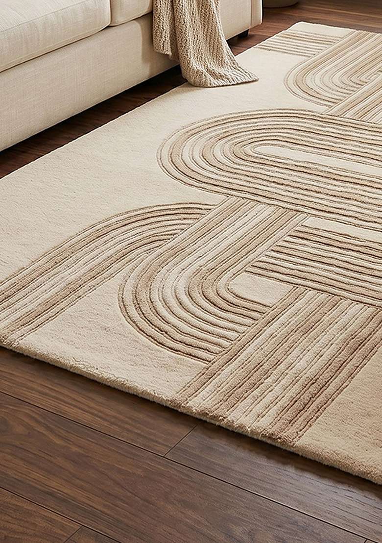 Saffron Rugs Hand-Tufted 100% Wool Area Rug | Ivory Rectangular Rug | Cotton Backing | Mid-Century Modern Swirls Home Decor Carpet for Living Room Bedroom - Indya
