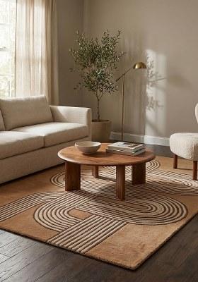 Saffron Rugs Hand-Tufted 100% Wool Area Rug | Camel Tan Rectangular Rug | Cotton Backing | Mid-Century Modern Swirls Home Decor Carpet for Living Room Bedroom
