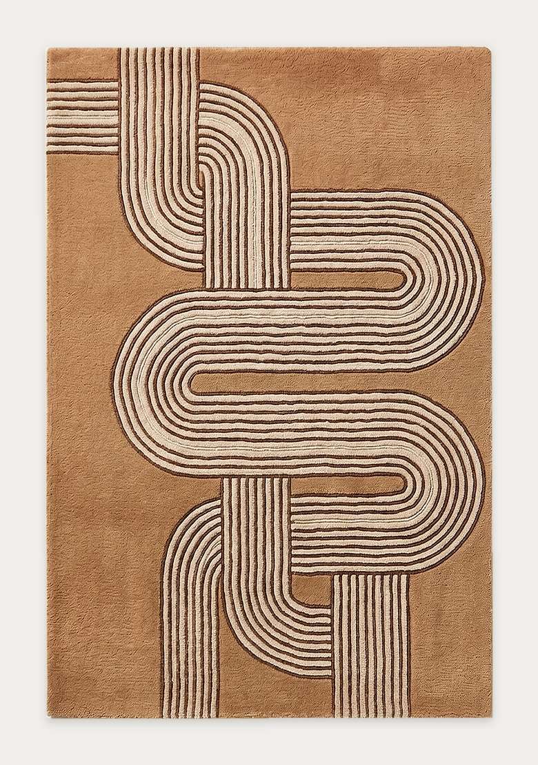 100% Wool Handmade Camel Tan Rug | Mid Century Modern Swirls Carpet With Cotton Backing For Living Room - Indya
