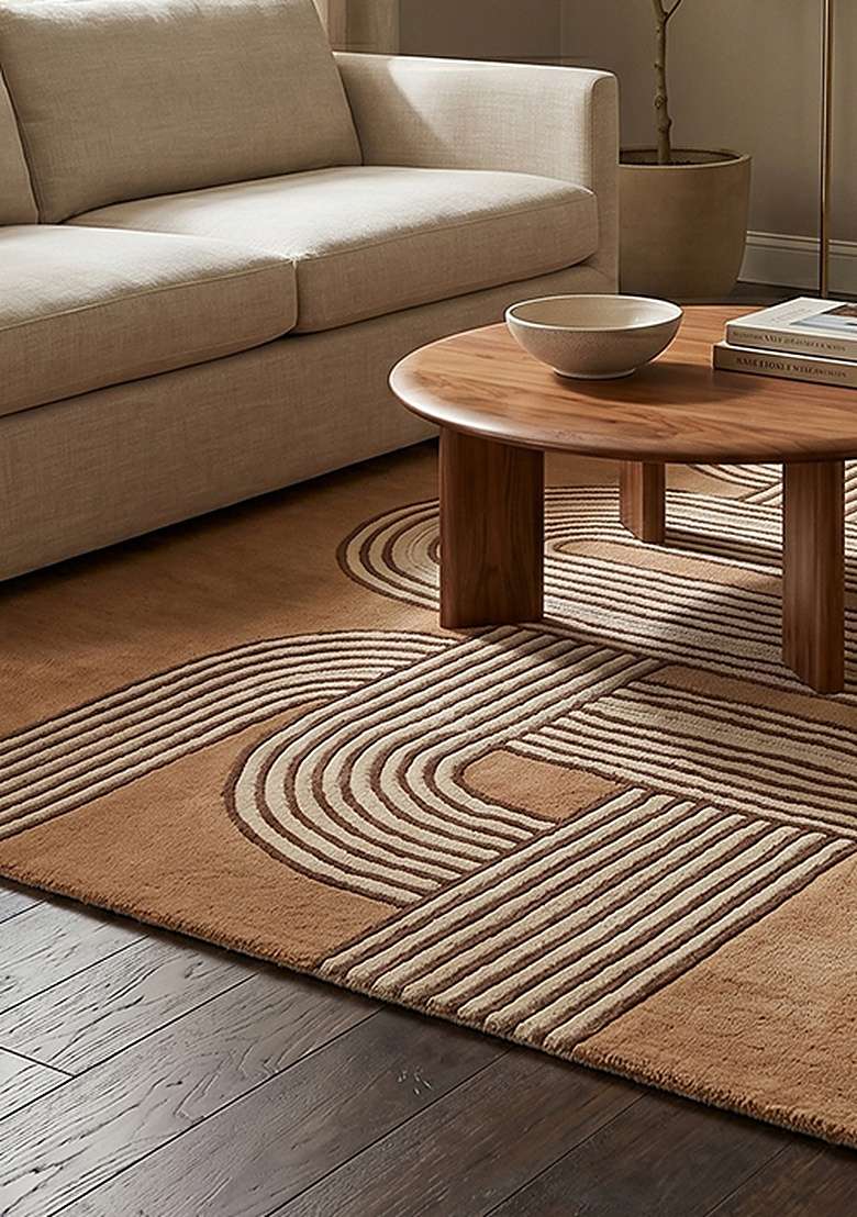 100% Wool Handmade Camel Tan Rug | Mid Century Modern Swirls Carpet With Cotton Backing For Living Room - Indya