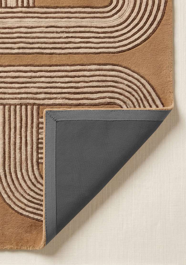 100% Wool Handmade Camel Tan Rug | Mid Century Modern Swirls Carpet With Cotton Backing For Living Room - Indya
