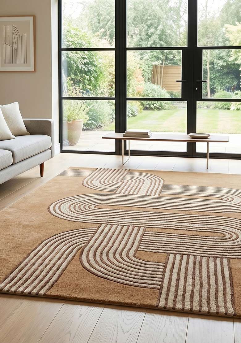 100% Wool Handmade Camel Tan Rug | Mid Century Modern Swirls Carpet With Cotton Backing For Living Room - Indya