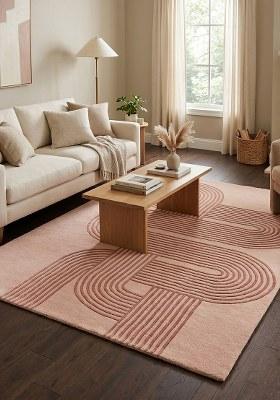 Saffron Rugs Hand Tufted Blush Pink Swirls Mid-Century Modern Rectangular Wool Area Rug
