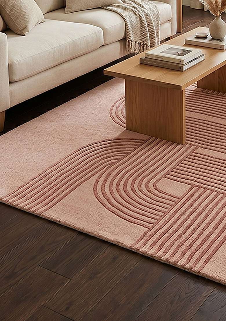 Saffron Rugs Hand-Tufted 100% Wool Area Rug | Blush Pink Rectangular Rug | Cotton Backing | Mid-Century Modern Swirls Home Decor Carpet for Living Room Bedroom - Indya