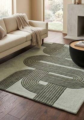 Saffron Rugs Hand-Tufted 100% Wool Area Rug | Sage Green Rectangular Rug | Cotton Backing | Mid-Century Modern Swirls Home Decor Carpet for Living Room Bedroom
