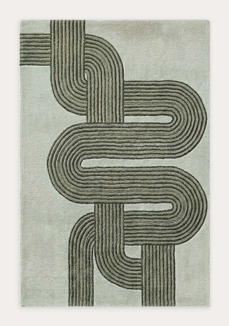 100% Wool Handmade Sage Green Rug | Mid Century Modern Swirls Carpet With Cotton Backing For Living Room - Indya