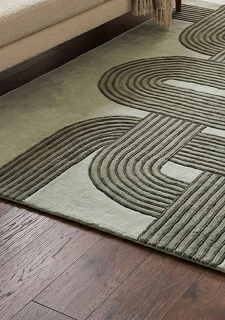 100% Wool Handmade Sage Green Rug | Mid Century Modern Swirls Carpet With Cotton Backing For Living Room - Indya