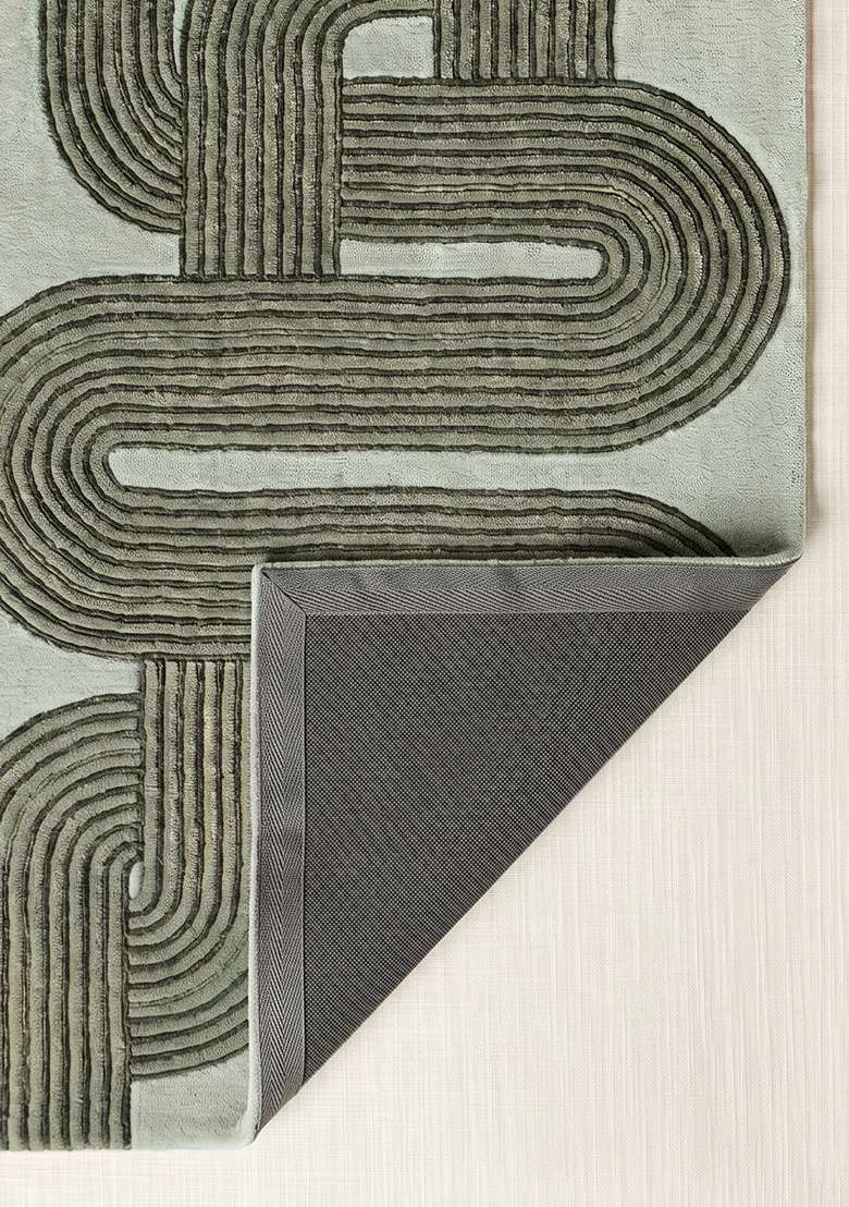 100% Wool Handmade Sage Green Rug | Mid Century Modern Swirls Carpet With Cotton Backing For Living Room - Indya