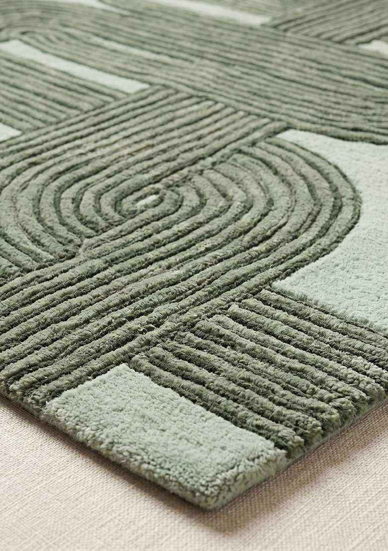 100% Wool Handmade Sage Green Rug | Mid Century Modern Swirls Carpet With Cotton Backing For Living Room - Indya