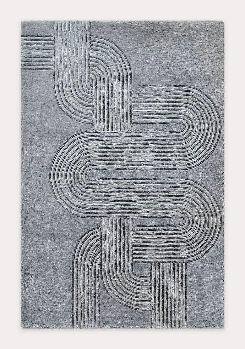 100% Wool Handmade Slate Blue Rug | Mid Century Modern Swirls Carpet With Cotton Backing For Living Room - Indya