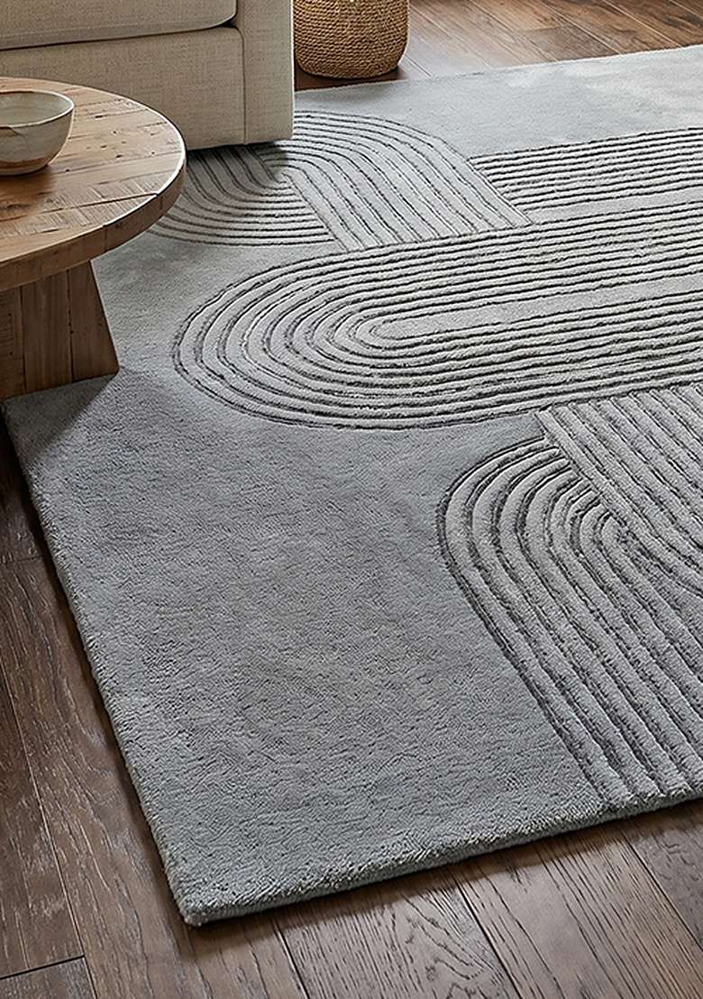 100% Wool Handmade Slate Blue Rug | Mid Century Modern Swirls Carpet With Cotton Backing For Living Room - Indya