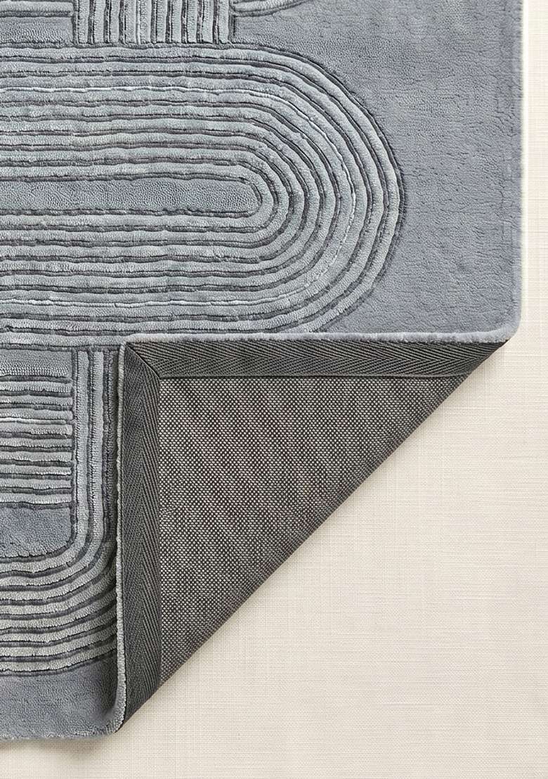 100% Wool Handmade Slate Blue Rug | Mid Century Modern Swirls Carpet With Cotton Backing For Living Room - Indya